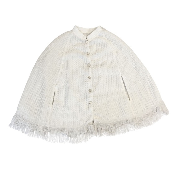 Vintage Jackets & Blazers - Vintage White Knit Poncho Cape Wedding Fringe Boho Bohemian Hippie Button Up